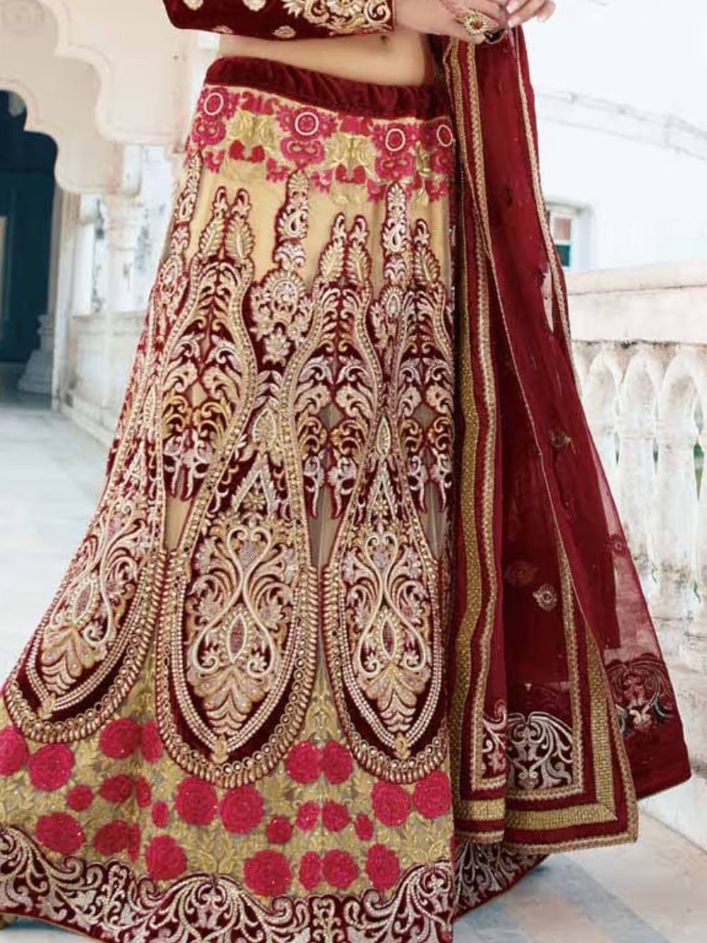 Embroidered Maroon and Gold Women's Lehenga Set